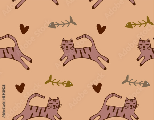 Fototapeta Naklejka Na Ścianę i Meble -  Abstract Hand Drawing Cute Cats Hearts and Fishbones Seamless Vector Pattern Isolated Background