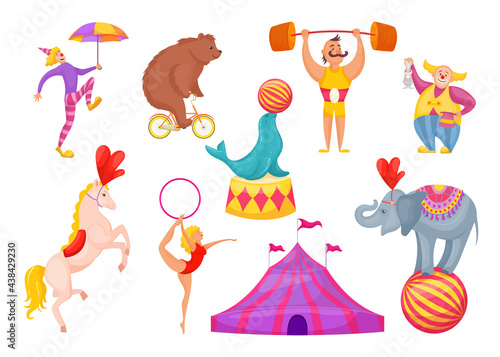 Circus characters and animals vector illustration. Clown, acrobat, gymnast with hoop, strongman, tamer, riding on bike bear cartoon pictures isolated on white background. Circus artists concept.