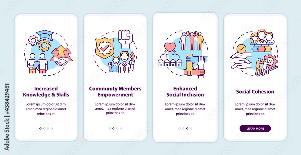 Community development benefits onboarding mobile app page screen with concepts. Increased skills walkthrough 4 steps graphic instructions. UI, UX, GUI vector template with linear color illustrations