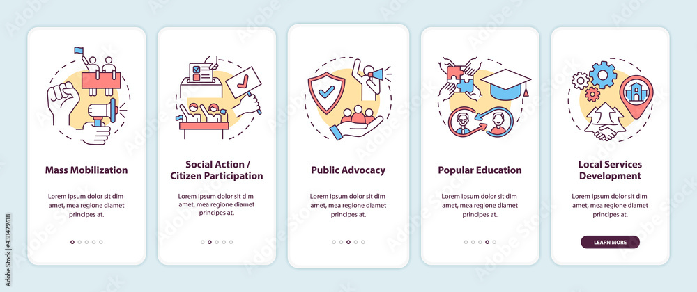 Community change strategies onboarding mobile app page screen with concepts. Mass mobilization walkthrough 5 steps graphic instructions. UI, UX, GUI vector template with linear color illustrations