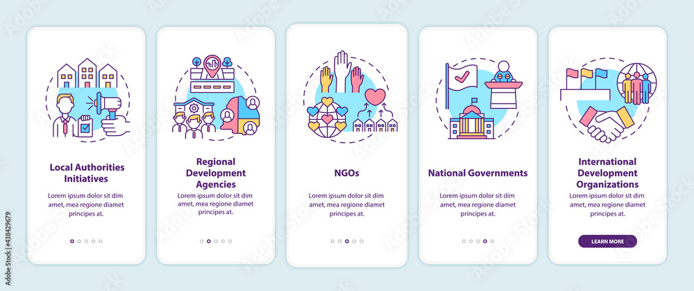 Community development programs levels onboarding mobile app page screen with concepts. NGOs walkthrough 5 steps graphic instructions. UI, UX, GUI vector template with linear color illustrations