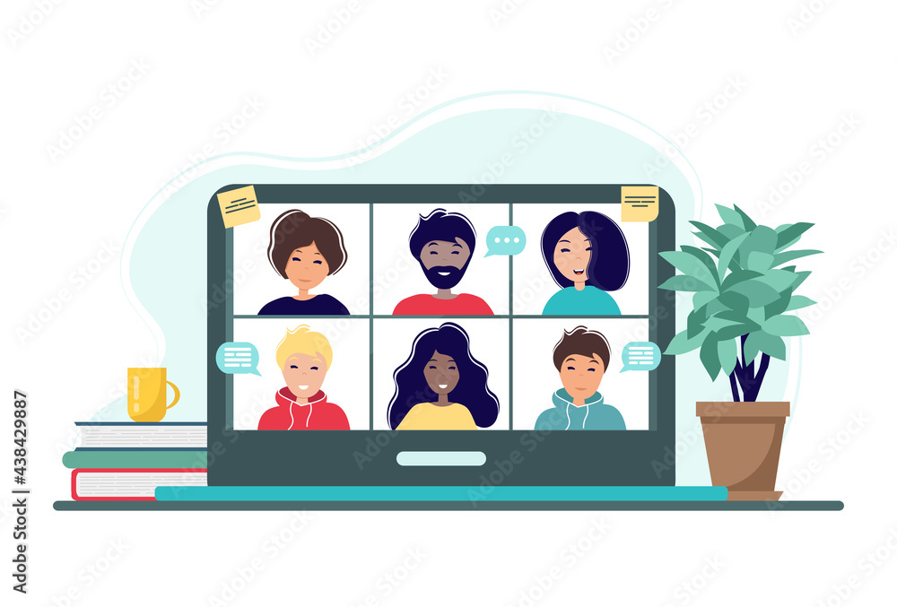 Online meeting via group call. Home office concept with laptop, books, cup and plant. Group of people doing video conference. Vector illustration in flat style. Stay at home. Self-isolation Online meeting via group call. Home office concept with laptop, books, cup and plant. Group of people doing video conference. Vector illustration in flat style. Stay at home. Self-isolation