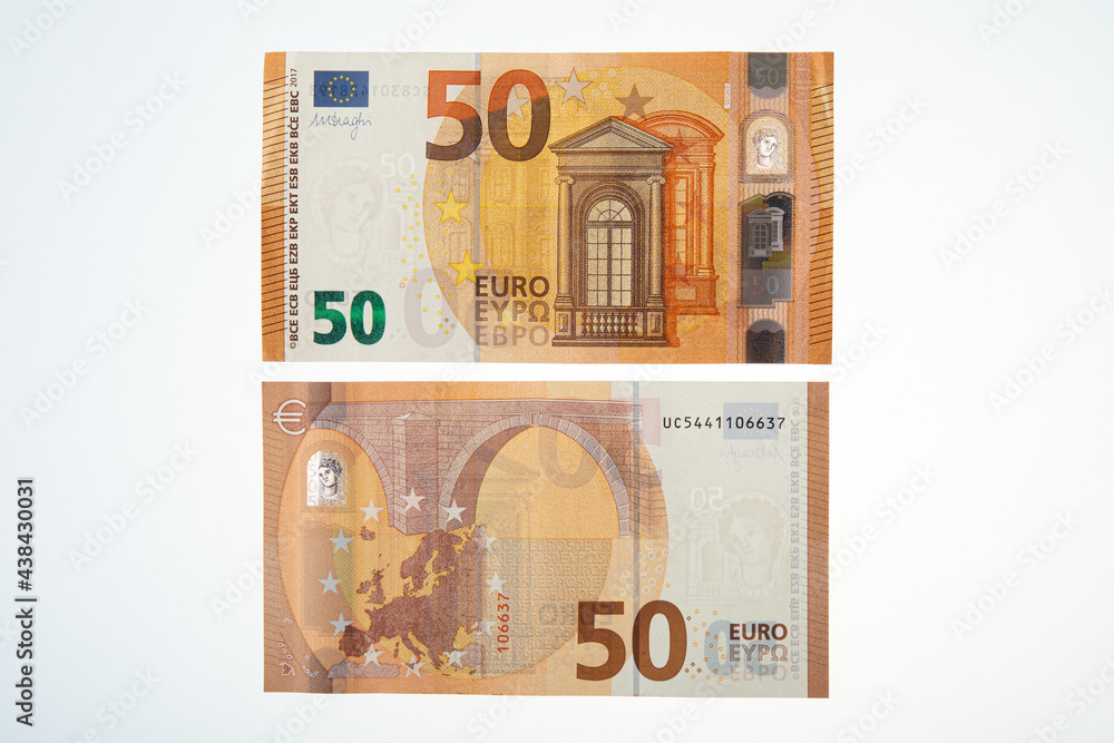 Both sides of a fifty euro banknotes on a white background Both sides of a fifty euro banknotes on a white background