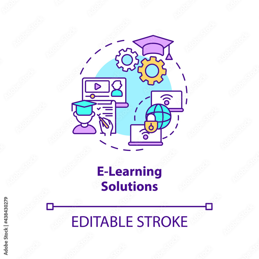 E-learning solutions concept icon. Community development project abstract idea thin line illustration. Internet technologies into education. Vector isolated outline color drawing. Editable stroke