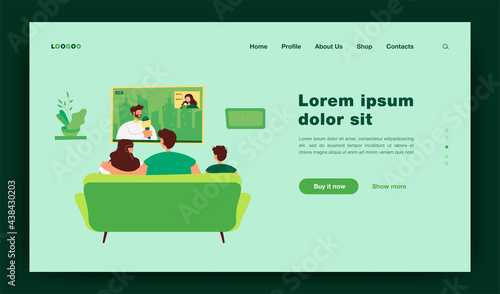 Happy family with kid sitting on sofa and watching news isolated flat vector illustration. Back view of cartoon people on coach in living room. TV show and entertainment concept