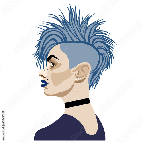 Vector isolated illustration of young woman with blue mohawk with dark-blue lips wearing black choker.