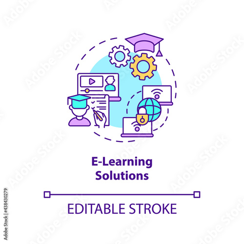 E-learning solutions concept icon. Community development project abstract idea thin line illustration. Internet technologies into education. Vector isolated outline color drawing. Editable stroke