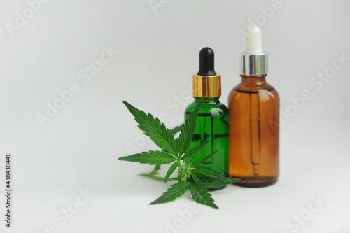 Marijuana products. Cannabis CBD weed oil isolated on white background. Recreational aromatherapy concept.