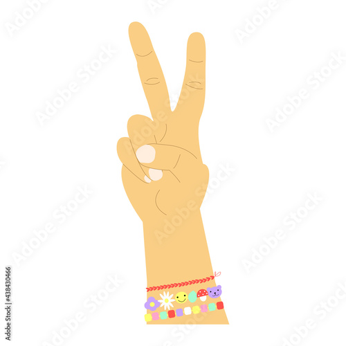 The hand shows the peace sign. Peace finger gesture. Vector woman's hand with modern bright bracelets isolated on white background.