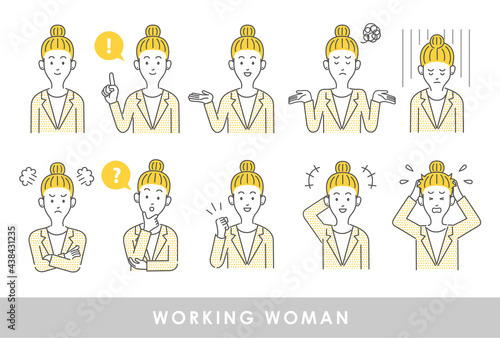 女性社員の喜怒哀楽を表現したイラストセット素材