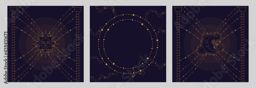 Magic banner for astrology, tarot cards, boho design. Universe with the sun surrounded by stars on a dark blue background. Esoteric vector illustration, pattern. EPS10