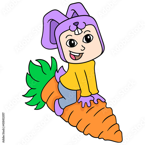 the rabbit animal is playing on a giant carrot, doodle icon image kawaii