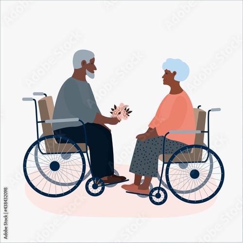 Elderly man and woman relationship, marriage, wedding, bouquet, flowers in hands, love, couple, disabled in wheelchair, happy old age concept. Grandparents together, cartoon style. Minimalism, vector