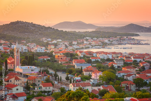 Amazing panoramic view of Murter-Kornati town, sea and Kornati islands, scenic landscape in sunset light, Murter otok, Dalmatia, Croatia. Outdoor travel background