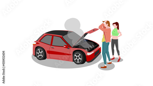 Male and female couple standing stressed in front of the car. Car was damaged by the radiator overheating the limit. ฺBonnet opened and smoke spewed out. on isolated white background.