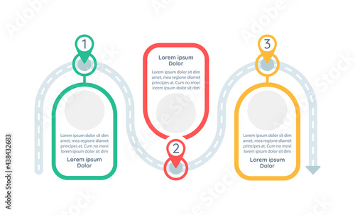 Long-term goals achieving vector infographic template. Roadmap presentation design elements with text space. Data visualization with 3 steps. Process timeline chart. Workflow layout with copyspace