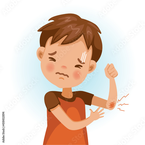Boy injured at elbow. Feel pain in the wound. Cartoon character vector illustration isolated on white background.