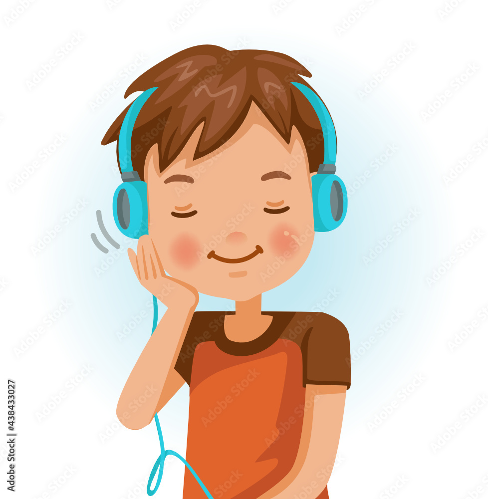 Little boy earplugs. Positive emotions, smiling. Cartoon character vector illustration isolated on white background. Little boy earplugs. Positive emotions, smiling. Cartoon character vector illustration isolated on white background.