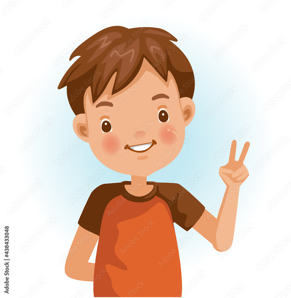 Boy v sign. Positive emotions be smile. Cartoon character vector illustration isolated on white background.