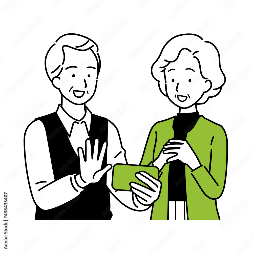 Illustration of a senior couple on a camera call, upper body. Illustration of a senior couple on a camera call, upper body.