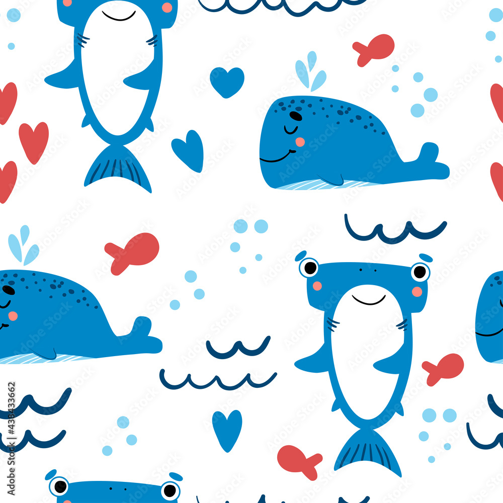Obraz premium Seamless background with cute sea animals. Pattern with , shark and whale . For design, web, graphics, textiles and advertising. Vector illustration