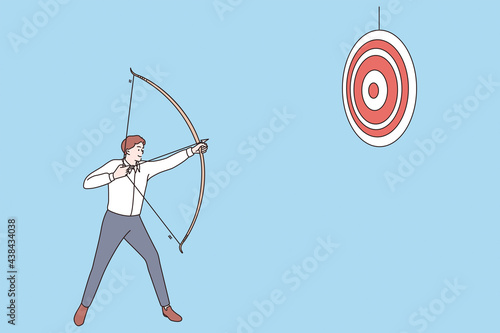 Business success and achievement concept. Young smiling positive businessman cartoon character standing and using crossbow to reach goal vector illustration 