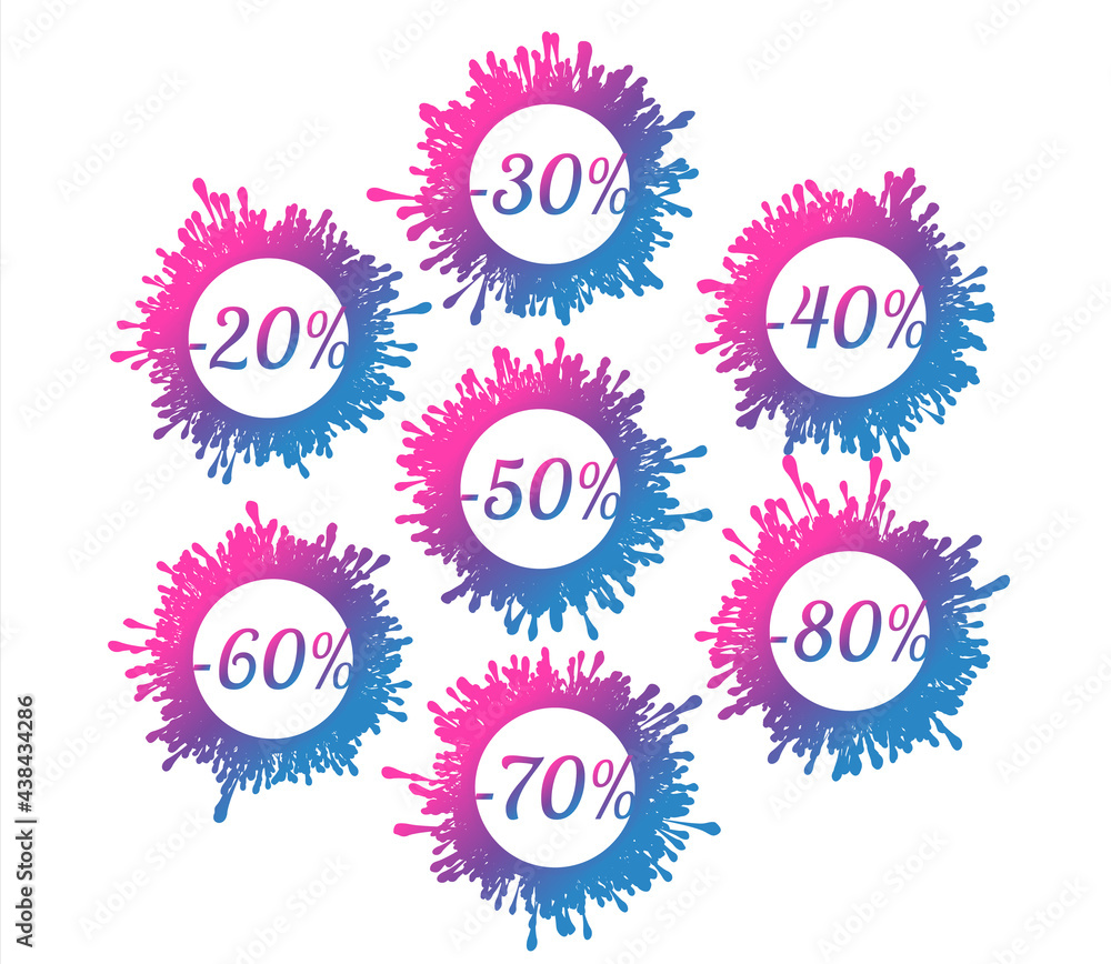 Vector set of vibrant gradient splatter sale icons 20%, 30%, 40%, 50%, 60%, 70%, 80% off. Discount blots tags, colorful special offer labels. Isolated splash signs for design template. Vector set of vibrant gradient splatter sale icons 20%, 30%, 40%, 50%, 60%, 70%, 80% off. Discount blots tags, colorful special offer labels. Isolated splash signs for design template.