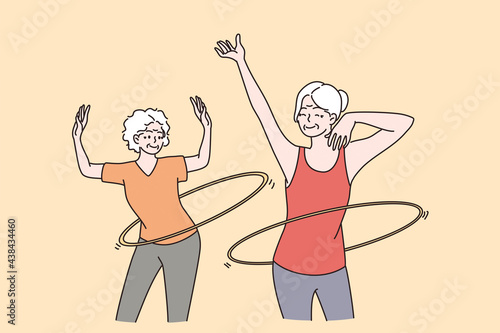 Elderly people active lifestyle concept. Two smiling happy healthy mature aged women friends making sport workout and rolling hoops on waists vector illustration 