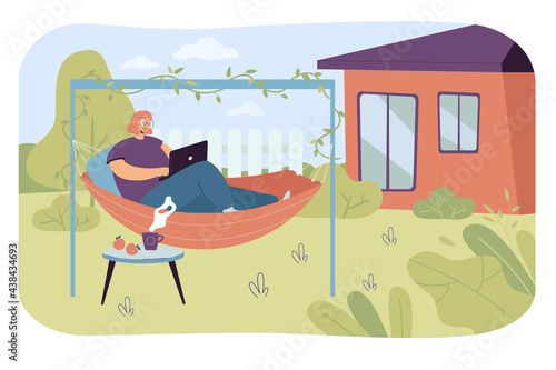 Young woman relaxing in hammock in backyard. Flat vector illustration. Girl resting in home garden, on terrace, working online, drinking tea outdoors. Freelance, nature, relaxing, summer concept