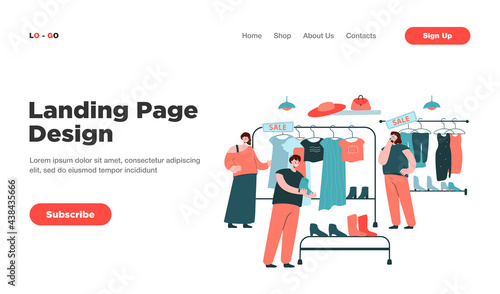 Happy women choosing clothes in store flat vector illustration. Cartoon female consumers watching garment on hangers. Retail, fashion store and shopping concept