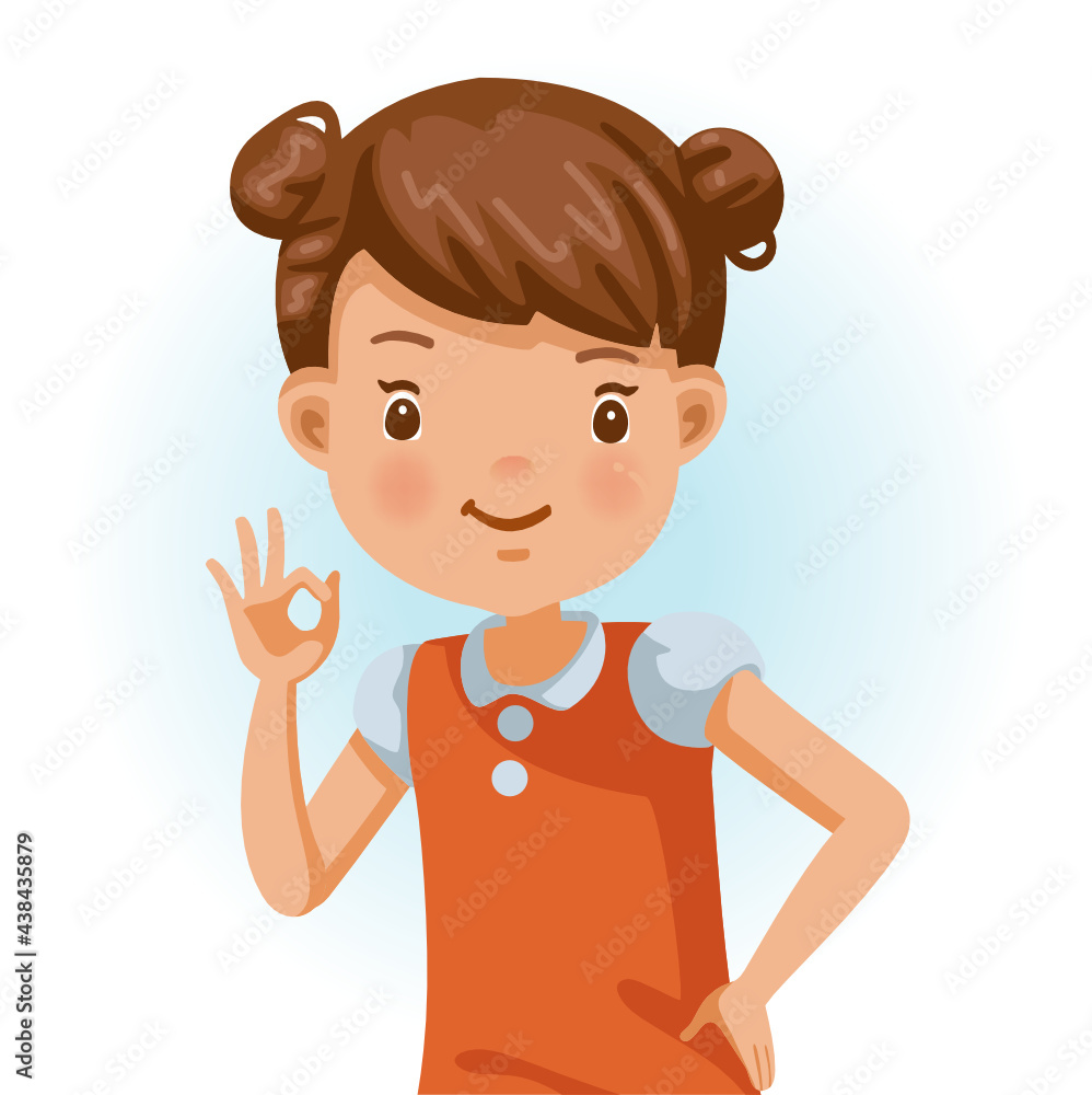 Little girl ok. Positive emotions, smiling. Cartoon character vector illustration isolated on white background.