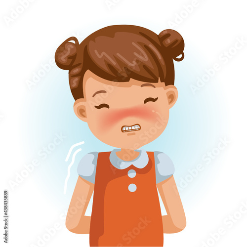 Little girl shy portrait of feel shy boy smiling and biting his teeth for childhood. Cartoon character vector illustration isolated on white background.