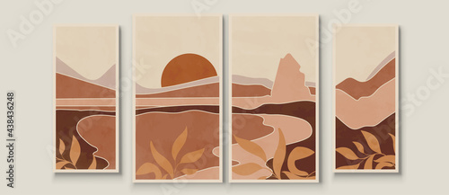 Abstract landscape composition art with sun and moon. Earth tones colors wall art. Soft color painting house decor. Minimalistic background design. Vector illustration.