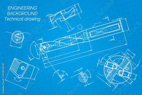 Mechanical engineering drawings on blue background. Drill tools, borer. Technical Design. Cover. Blueprint. Vector illustration.