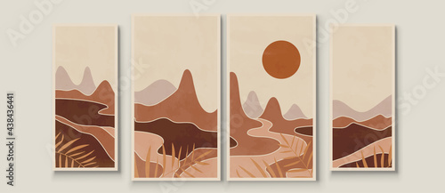 Abstract landscape composition art with sun and moon. Earth tones colors wall art. Soft color painting house decor. Minimalistic background design. Vector illustration.