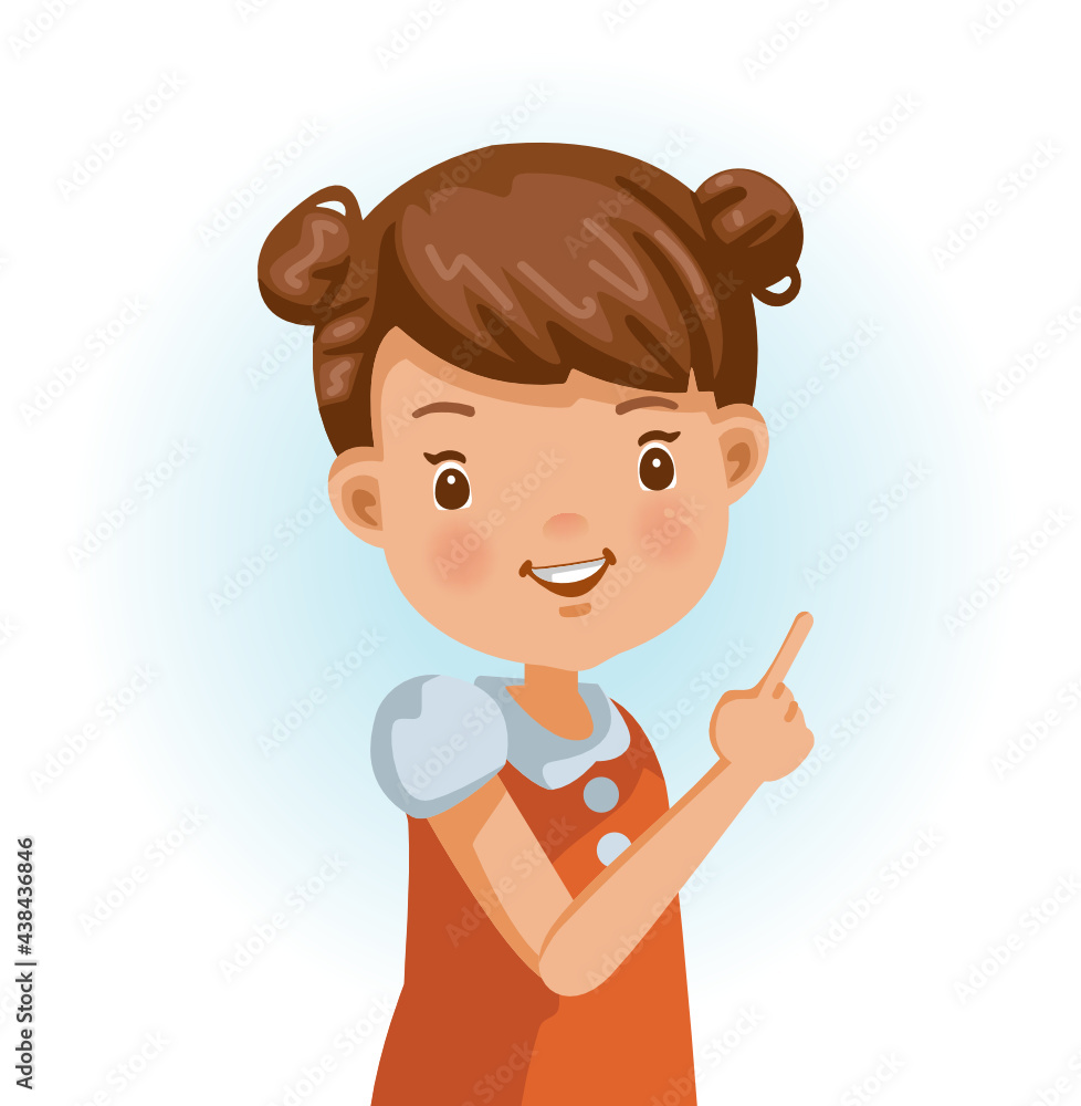 Little girl thumbs pointing something. Positive emotions, smiling. Cartoon character vector illustration isolated on white background. Stock Vector | Adobe Stock Little girl thumbs pointing something. Positive emotions, smiling. Cartoon character vector illustration isolated on white background. Stock Vector | Adobe Stock