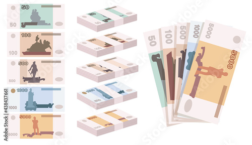 Ruble banknotes of Russia illustrations in cartoon style. Stacks of Russian currency banknotes. Set of vector illustrations of money. Note design. Money concept for advertisement of banners design