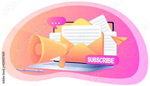 Subscribe. Red button subscribe to e-mail, news. Social media background. Marketing. Subscribe landing page concept. Illustration for websites, landing pages, mobile applications, posters and banners.