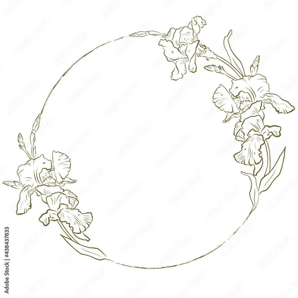 Vector delicate outline hand-drawn wreath of Irises flowers. Vintage mood. Maybe use for wallpaper, textile or card, wedding design. Vector delicate outline hand-drawn wreath of Irises flowers. Vintage mood. Maybe use for wallpaper, textile or card, wedding design.