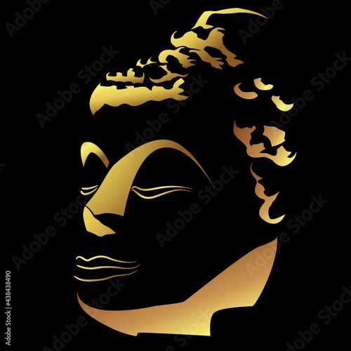 Golden buddha head with golden border element isolate on black