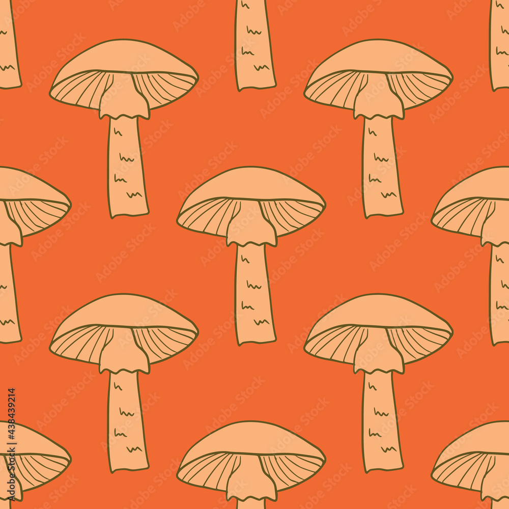 Beige contoured mushroom abstract simple silhouettes seamless pattern. Bright orange background.