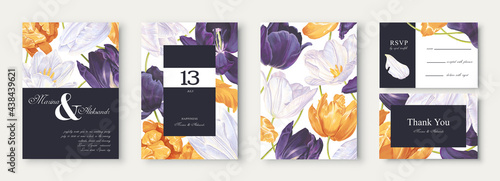 Botanical wedding invitation card with yellow, dark purple, white tulips, flowers and petals. Modern, vector, realistic style, hand drawn Save the Date collection. Social media poster, banner template