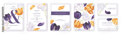 Botanical wedding invitation card. Template design with white, yellow and purple tulips. Modern, realistic style, hand-drawn illustration. Save the Date and RSVP collection in EPS vector format.