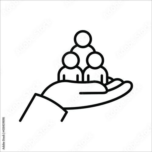 employees on human hand line icon vector illustration. An inclusive workplace on white background. color editable