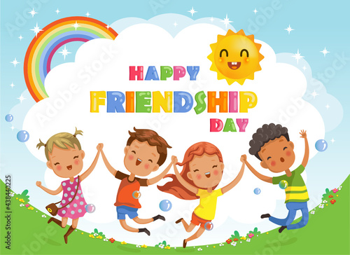 Friendship day. kids are Jumping and laughing  together happily. Boys and girls celebration.Design greeting cards or posters from the concept of children s friendship.