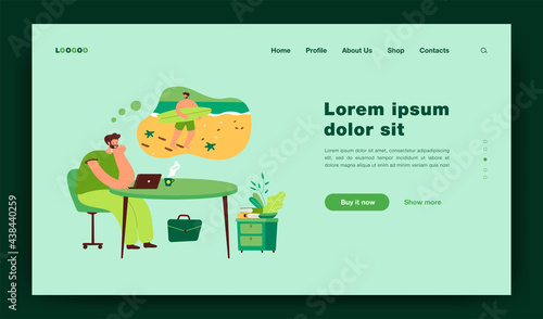 Relaxed business man dreaming of holidays in tropical island, planning surfing on vacation at sea while working at laptop. Flat vector illustration