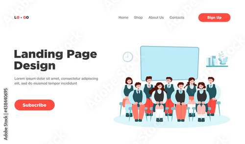 Front view of classmates sitting on chairs for photo isolated flat vector illustration. Cartoon group portrait of students in classroom. School and education concept