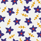 Cute floral abstract pattern in minimalistic decorative style -flowers and branches on grey background. Flower repeated texture for stylish fabric design or wrapping paper.