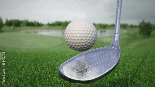 3d render hitting a golf ball with a club on the field side view