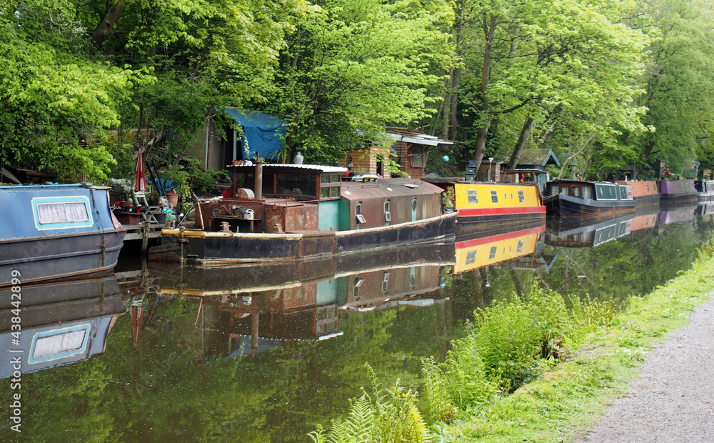canal boats moored opposite the path on the rochdale canal near hebden bridge surrounded by trees in summer